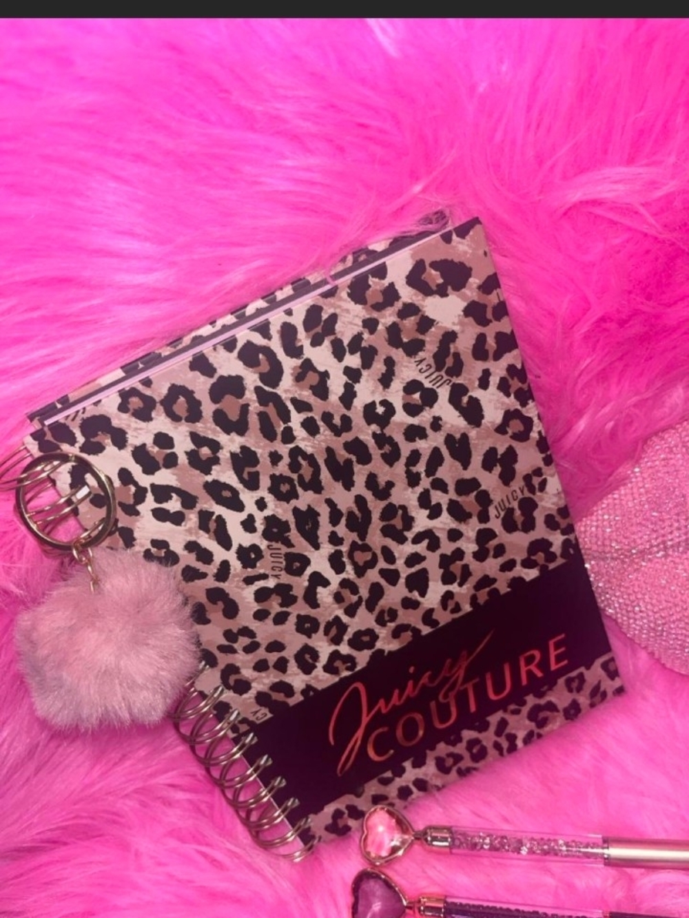 Juicy Couture Leopard Print Notebook with Pink Pom Charm